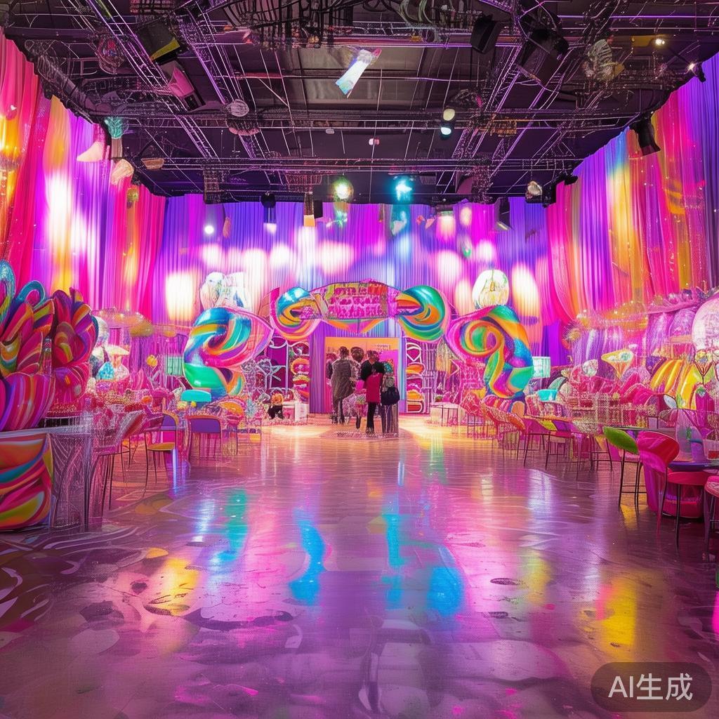 在此次糖果派对中，场地以鲜亮的颜色为主，比如粉色、