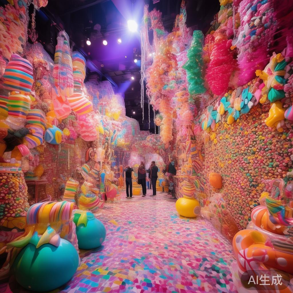在现场，布满色彩斑斓的糖果装饰和创意十足的摆设营造